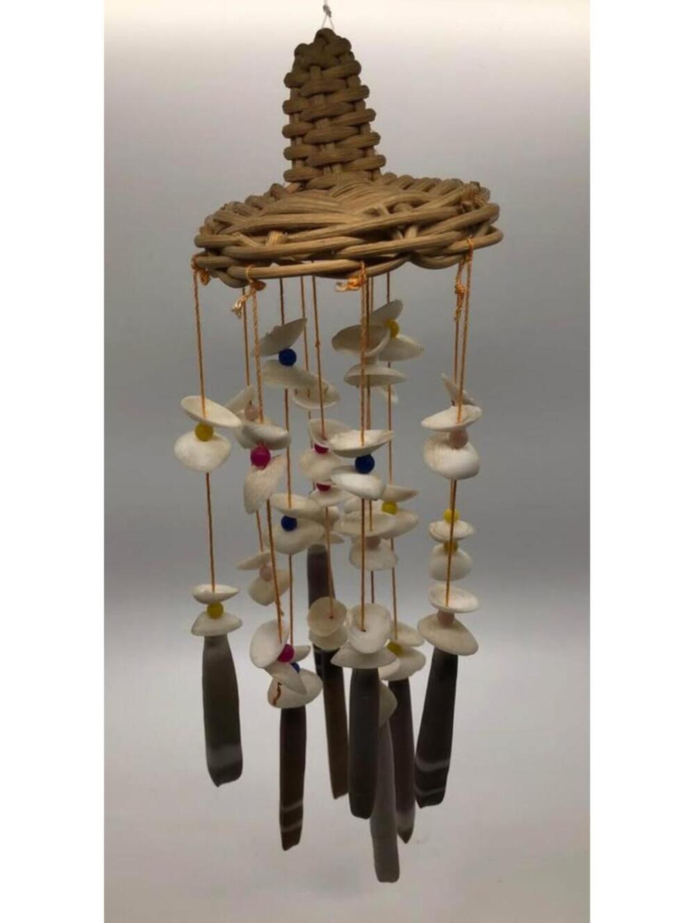 Vintage Seashell Wind Chime Woven Wicker Sombrero Top Boho Coastal Beach Decor - Picture 2 of 2